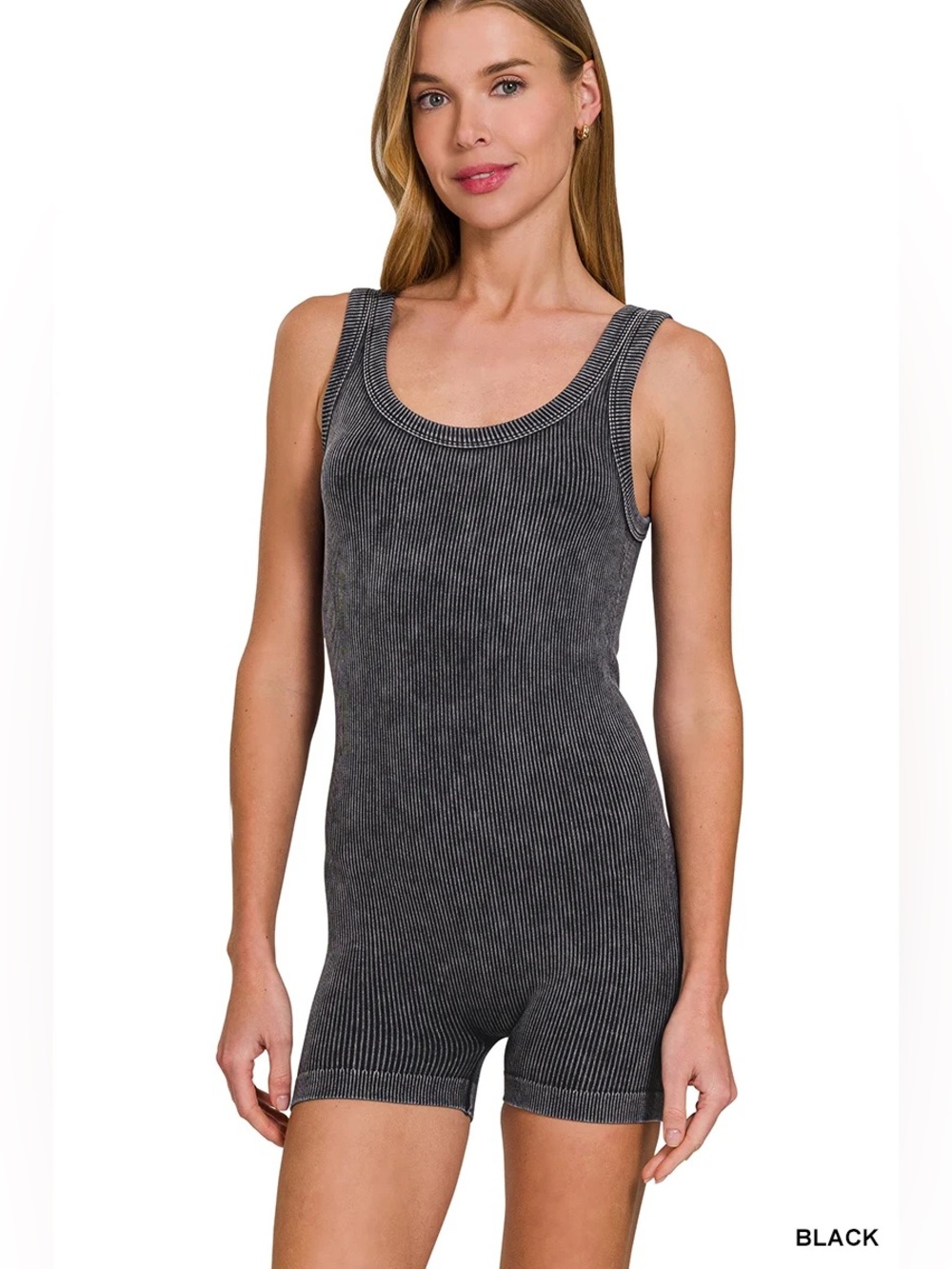 Zenana Stone Washed Ribbed Seamless Romper - NWT - Black - S/M